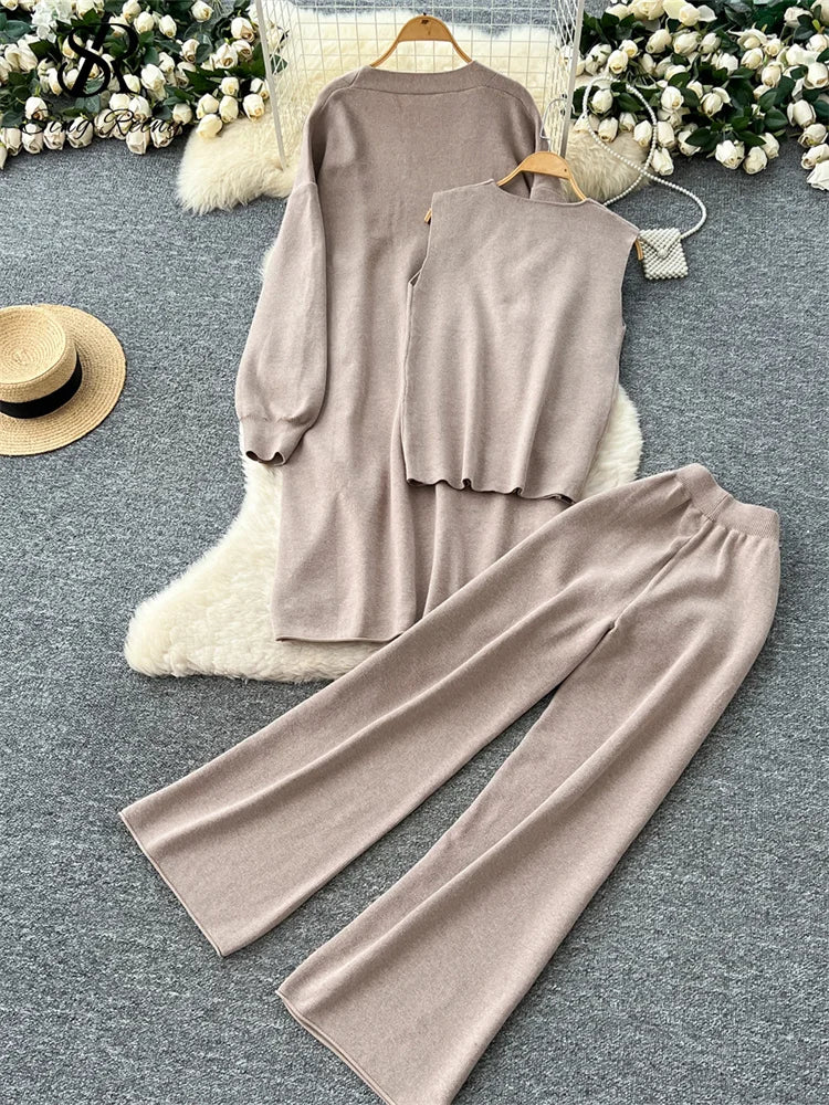 SINGREINY Autumn Knitted Warm Suits V Neck Buttons Vest+Full Sleeve Long Cardigans+Wide Legs Pants Women Solid Three Pieces Sets