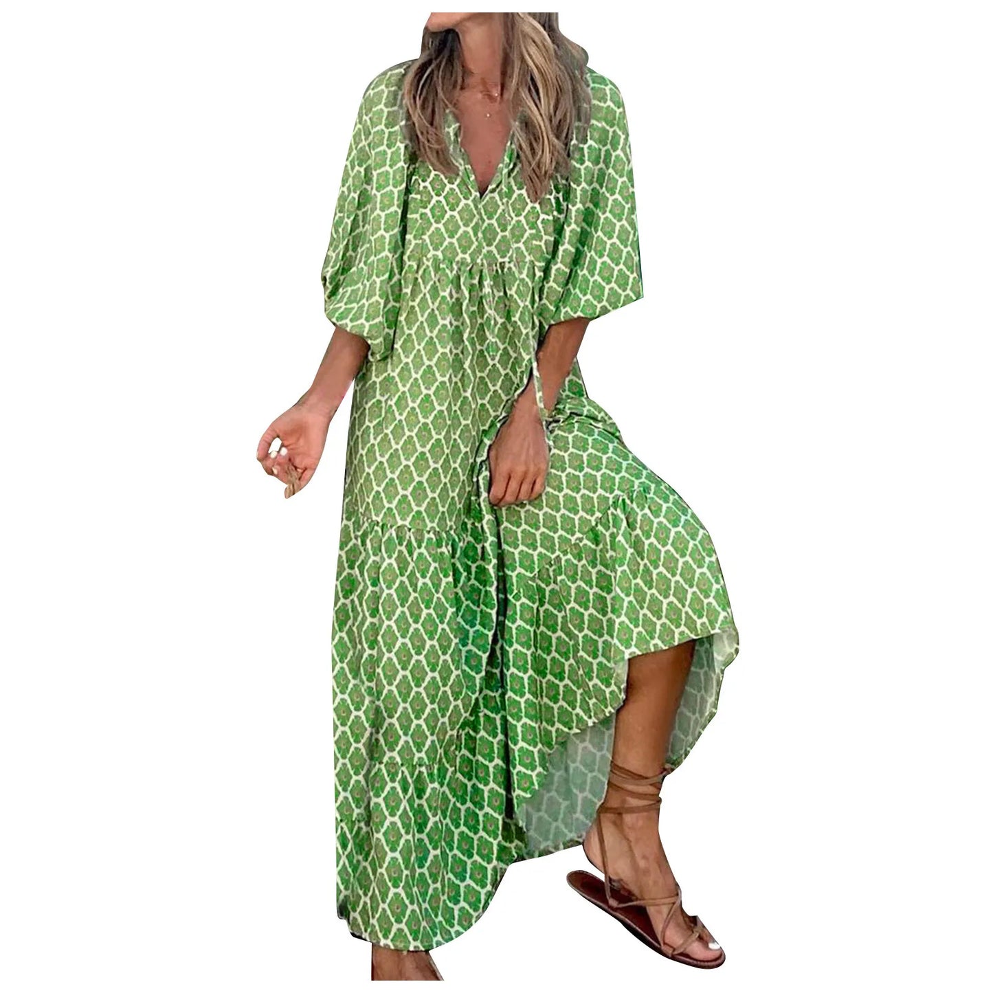 Women's Summer Casual Fashion Geometric Print Neckline Lace-up Bubble Middle-sleeves Ruffle Stitching Big Swing Long Losse Dress