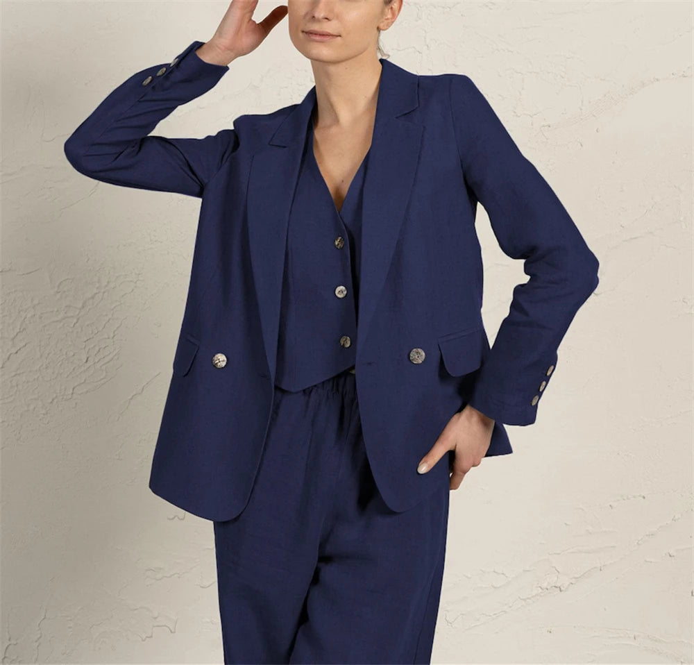 Summer Women's Suit 3 Pcs Linen Lady Business Office Suits Slim Fit Womens Tuxedo Casual Suits 2025 (Blazer +Vest +Pants)