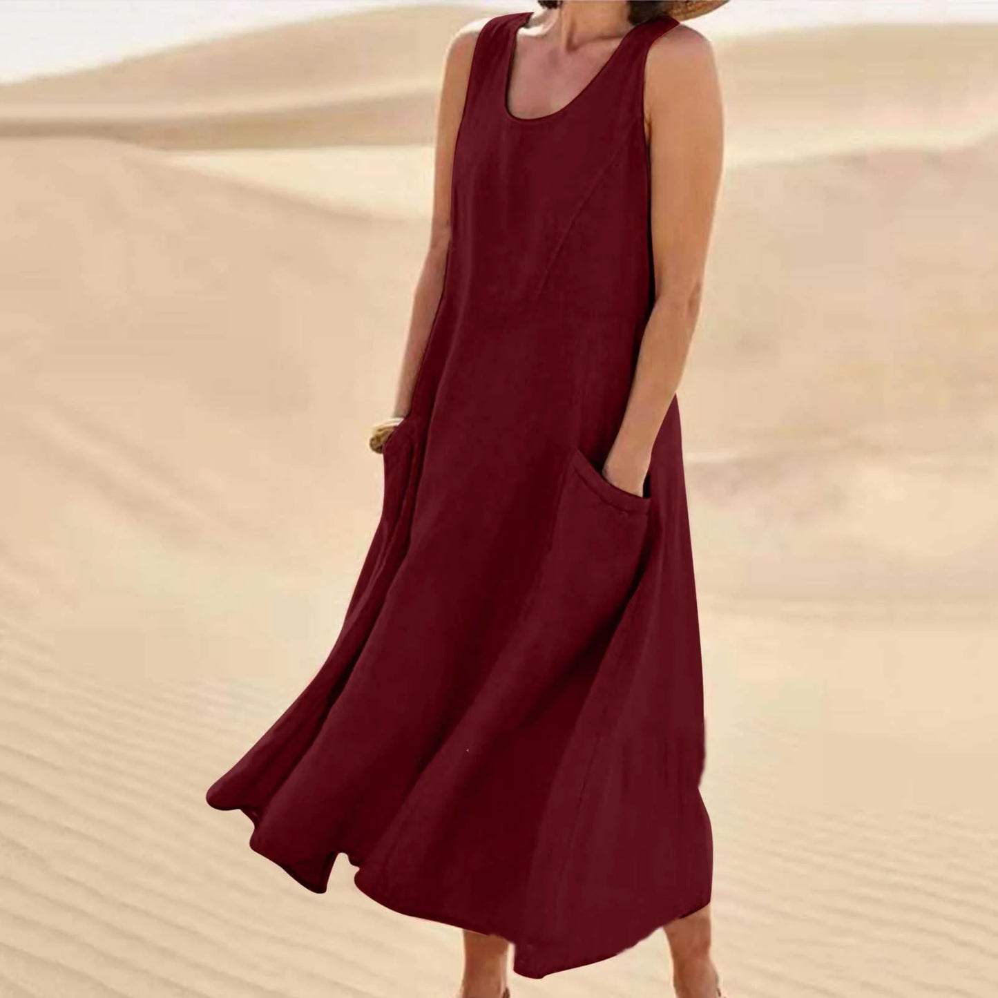 Chic Women Coton Linen Sundress Summer Female Sleeveless Double Big Pocket Loose Sand Beachwear Long Dress Oversized Vestidos