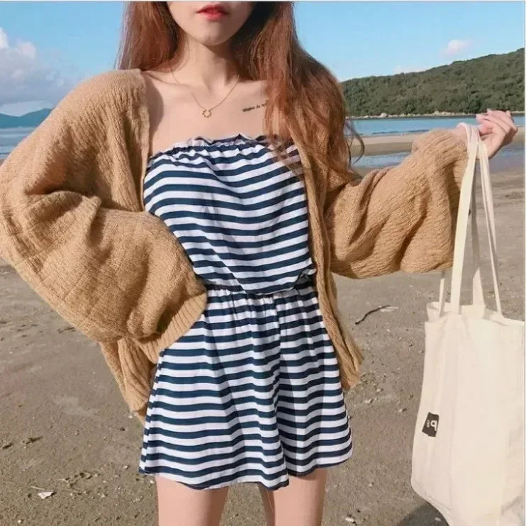 Women's Y2K Korean Cropped Cardigan - Loose Knit Summer Cover-Up for Beach Outfits & Casual Layers