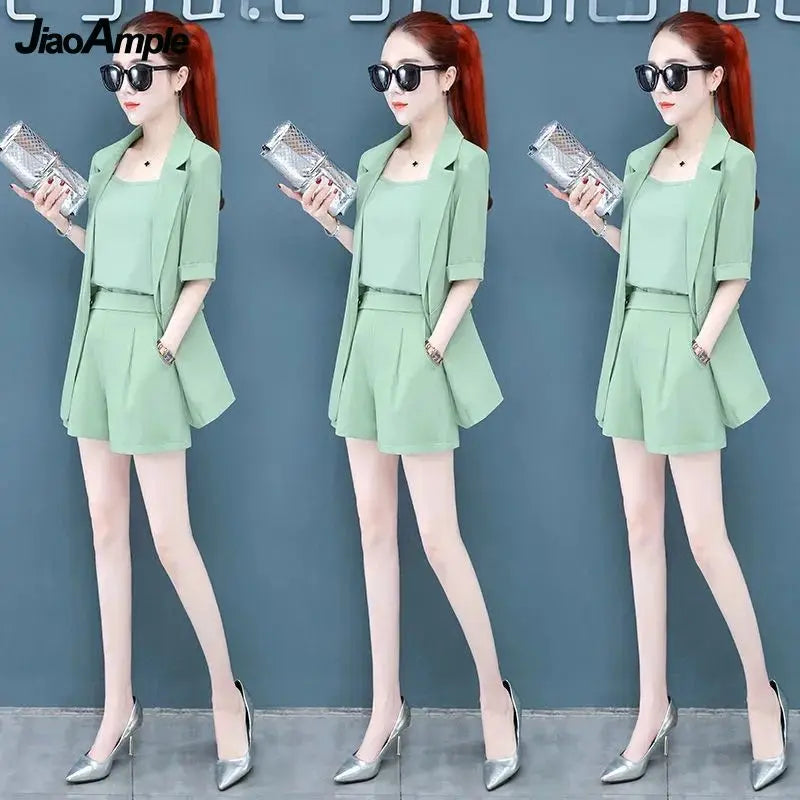 2025 Summer New Suit Vest Shorts Three-piece Women's Elegant Professional Wear Korean Fashion Slim Blazers Suspenders Pants Set