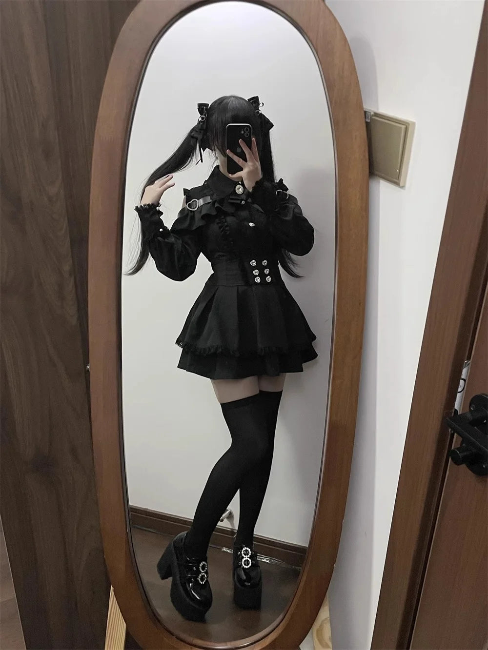 Kawaii Off Shoulder Long Sleeve Shirts Women Black Short Skirt Set Y2K Gothic Ruffle Skirts Lace Lolita Shirt Gown Suit 
