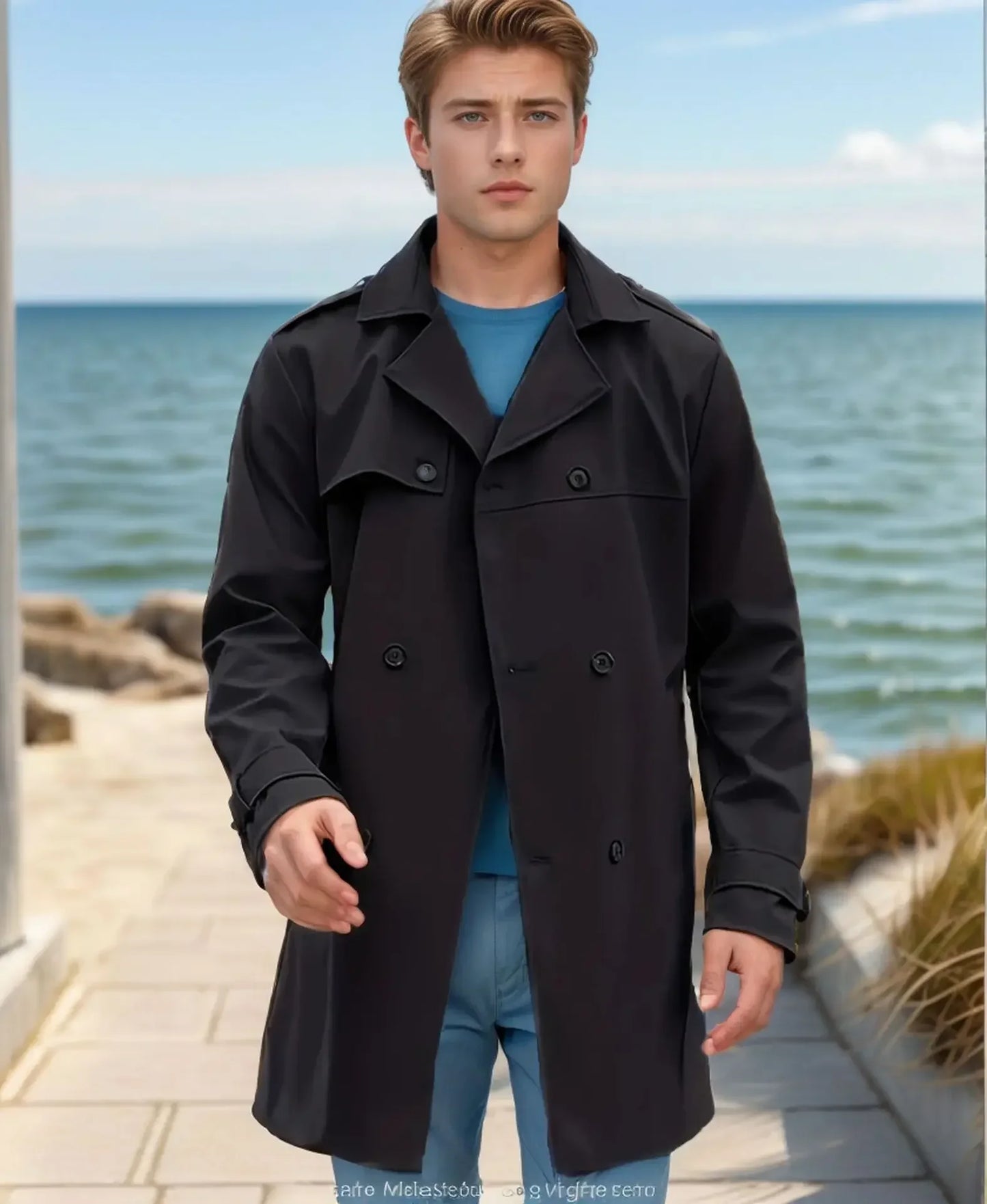 European and American Men's Lapel Slim Fit Double-Breasted Casual Coat Spring and Autumn Solid Color Long Sleeve Windbreaker