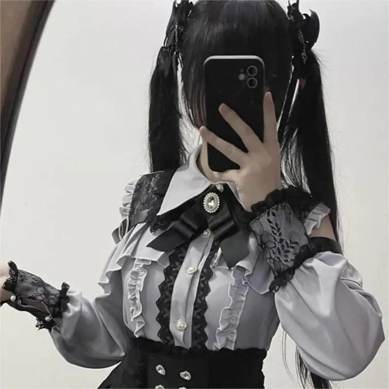 Kawaii Off Shoulder Long Sleeve Shirts Women Black Short Skirt Set Y2K Gothic Ruffle Skirts Lace Lolita Shirt Gown Suit 