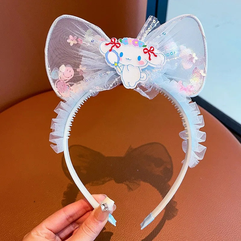 Kawaii Sanrio Kuromi Children Headband Hello Kitty Melody Cinnamoroll Cartoon Bow Shiny Hairband Hair Accessories Christmas Gift