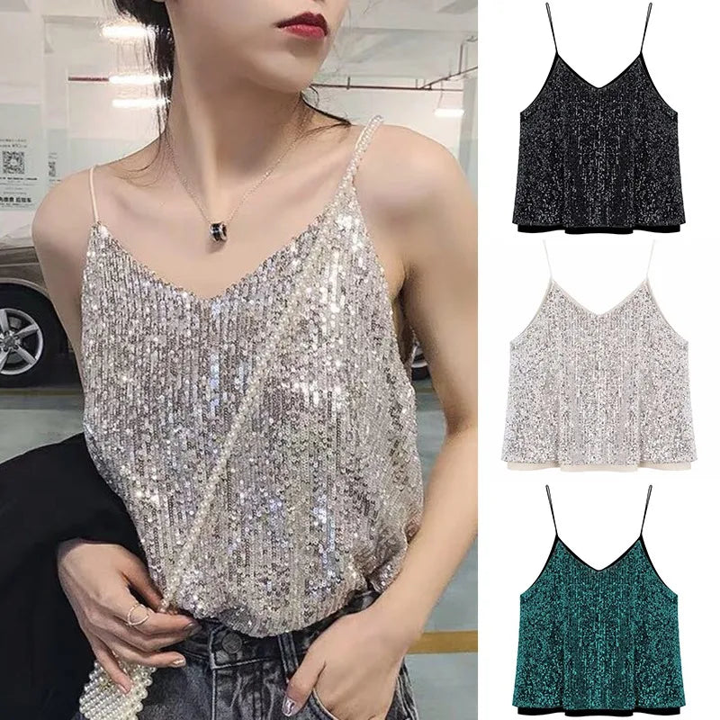 Women's Loose Casual Sequined Camisole Vest V Neck Shiny Sexy Sparkling Basic Top Fashionable Versatile Summer Top