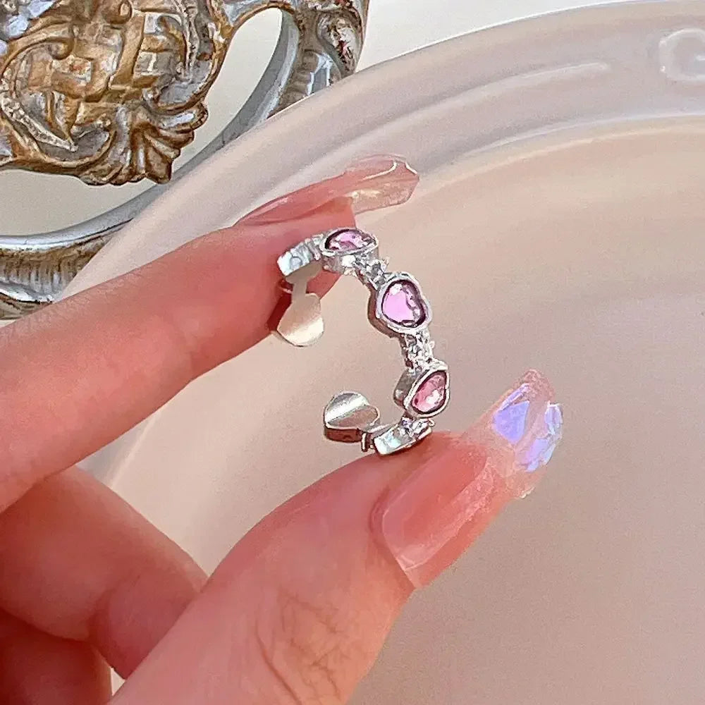 Adjustable Crystal Rings Y2K Pink Irregular Geometry Vintage Bowknot Heart Ring Set for Women Girl 2023 New Fashion Jewelry Gift