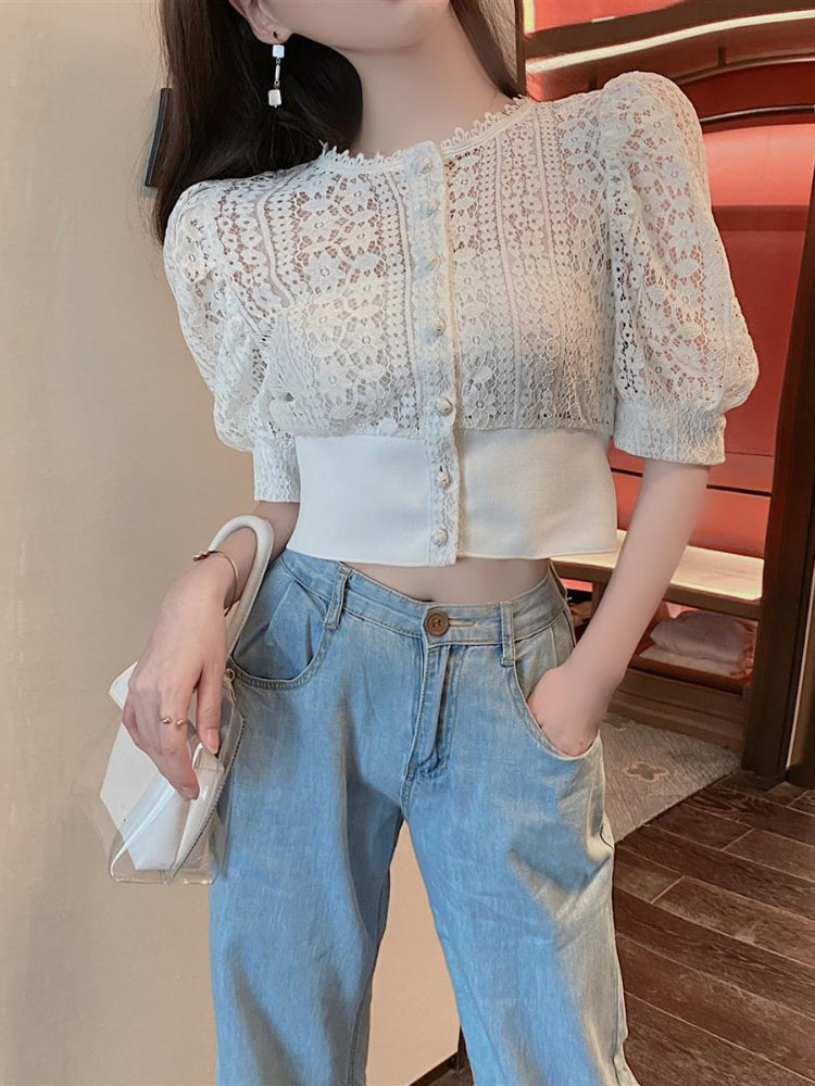 Woherb Sweet Crochet Top Blouse Women Sexy Hollow Out Shirt Vintage Puff Sleeve Korean Shirts Fashion Chic Tops Blusas