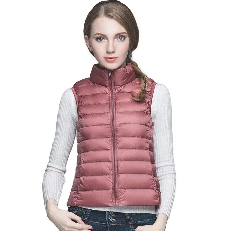 White Stand Collar Women's Sleeveless Down Vest Coat Winter Thin Slim Business Vests White Blue Black Red Women Waistcoat 3XL
