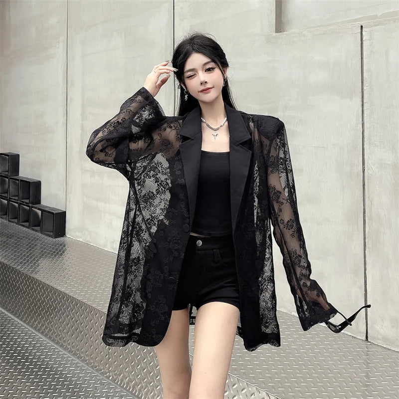 Women Clothing Summer Thin Jackets 2025 Ropa Mujer Patchwork Lace Temperament Coat Sexy Y2k Tops See Through Oversized Outwear