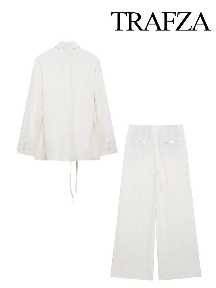 TRAFZA Women's Suits White Turn-Down Collar Long Sleeves Lace-Up Blazers+High Waist Zipper Long Pants Female Spring Fashion Sets