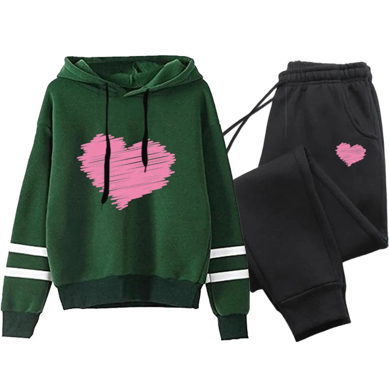 Cute Heart Printed Hoodies Sweatpants Woman Daily Casual Sports Jogging Suit Home Outdoor Comfort Warm Outfit Women's Clothes