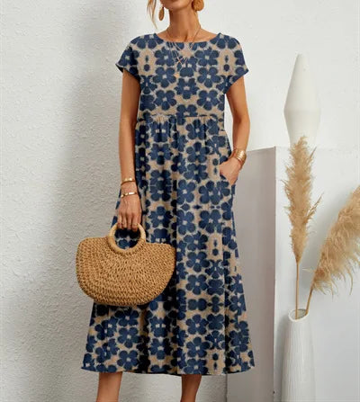 Fashion Women's Cotton and Linen Dress, Round Neck Printed Short Sleeved A-line Maxi Skirt, Unique Floral Long Dresses Vestidos