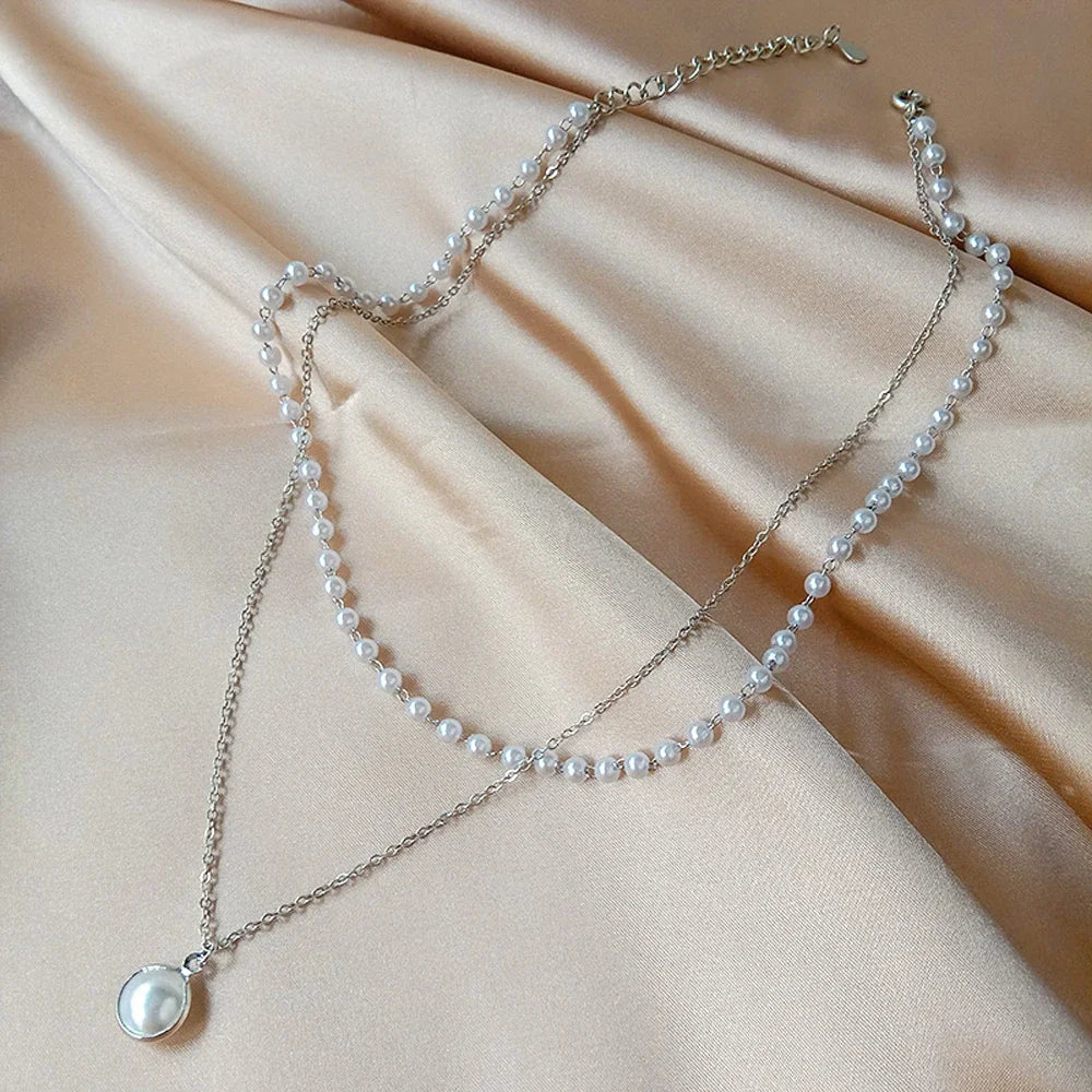 Pearl Dainty Adjustable Double Layer Chain Pendant Necklaces Gold Plated Pearl Tiny Chain Delicate Mother's Valentine Jewelry
