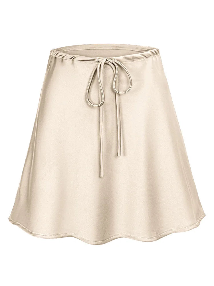 Satin Mini Skirts Women Summer Beige Silk Short Skirt For Woman Drawstring High Waist Black Satin Skirt A Line Women Short 2025