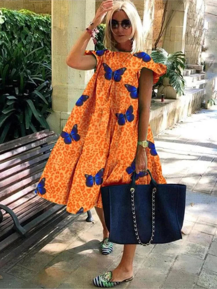 Summer Fashion Boho Print Dress Lady Casual O-Neck Pullover Ruffles Short Sleeve Loose Dresses For Women Holiday Beach Dress New