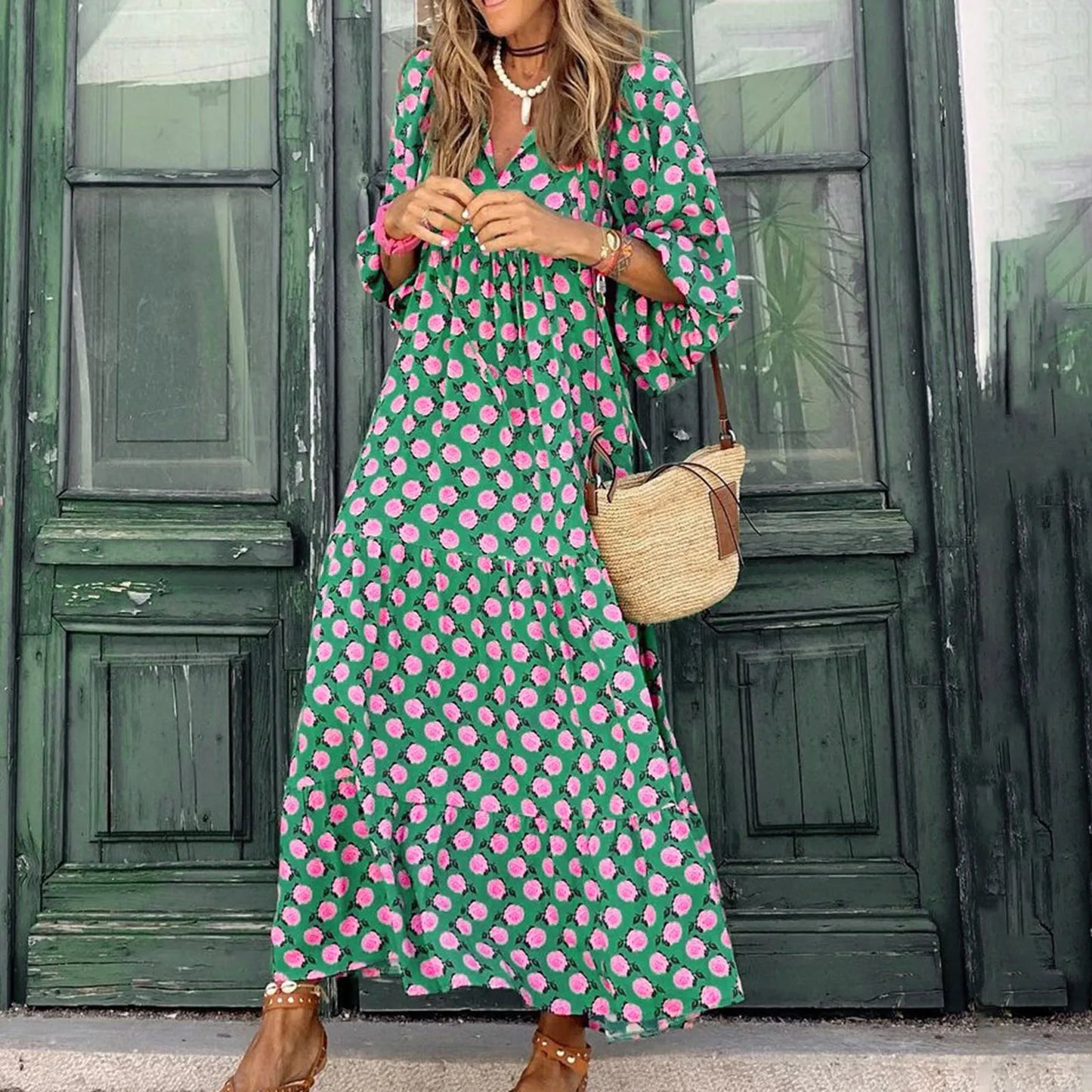 Women's Summer Casual Fashion Geometric Print Neckline Lace-up Bubble Middle-sleeves Ruffle Stitching Big Swing Long Losse Dress