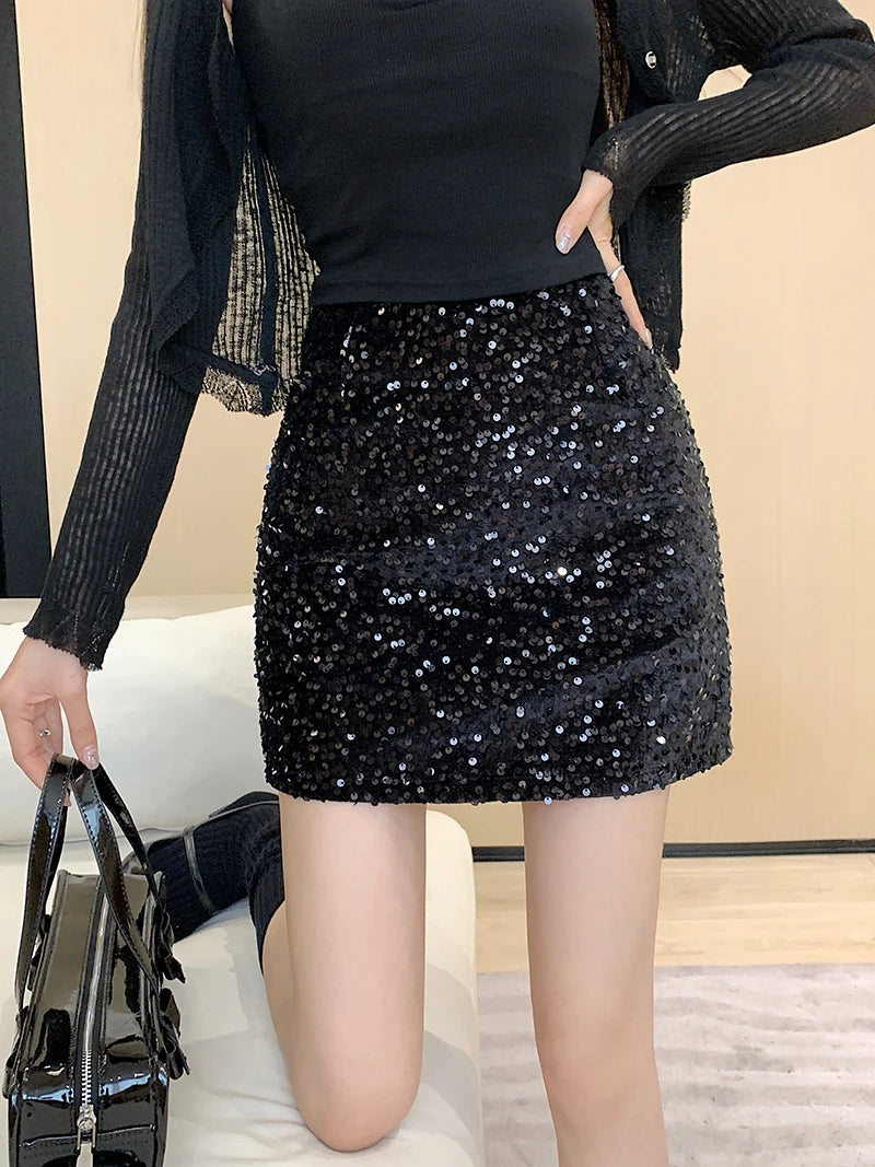 High Waist Sequined Casual A Line Skirts Women 2025 Elegant Korean Fashion Y2k Clothes Sweet Kawaii Black Micro Skirt Harajuku