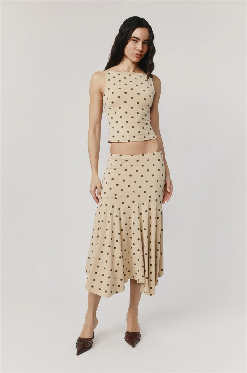 Absobe Polka Dot Y2K Skirt 2 Piece Set Women's Sleeveless Tank Top Fashion Irregular A-Line Skirt Slim Suit Summer Casual Outfit
