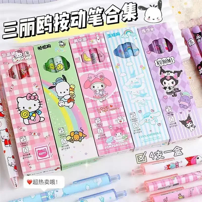 4Pcs Sanrio 0.5mm Press Ballpoint Pen Black Quick Drying Hello Kitty Cinnamoroll Kuromi Gel Pen Student School Stationery Gifts