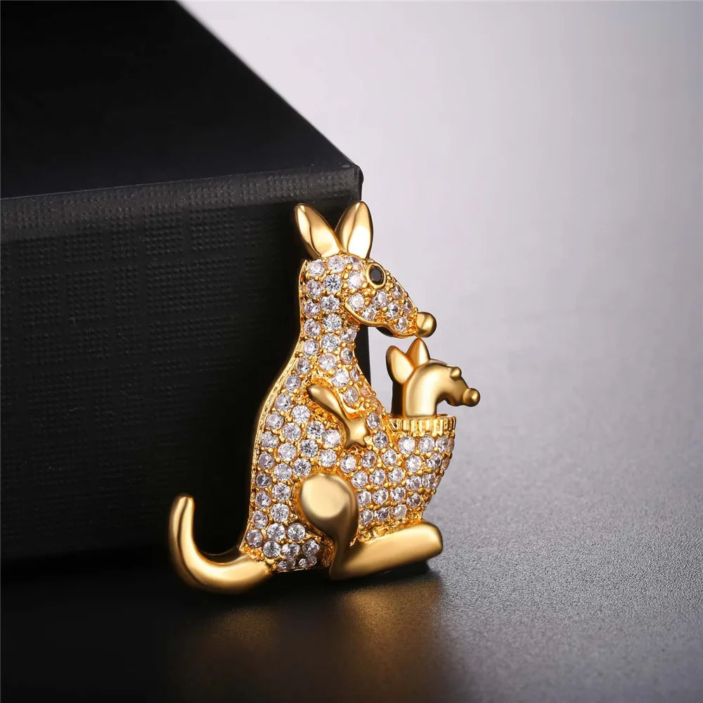Clear White CZ Kangaroo Mother and Child Brooches Pin for Woman Cubic Zirconia Pave Setting Luxury Style Jewelry Gift for Her