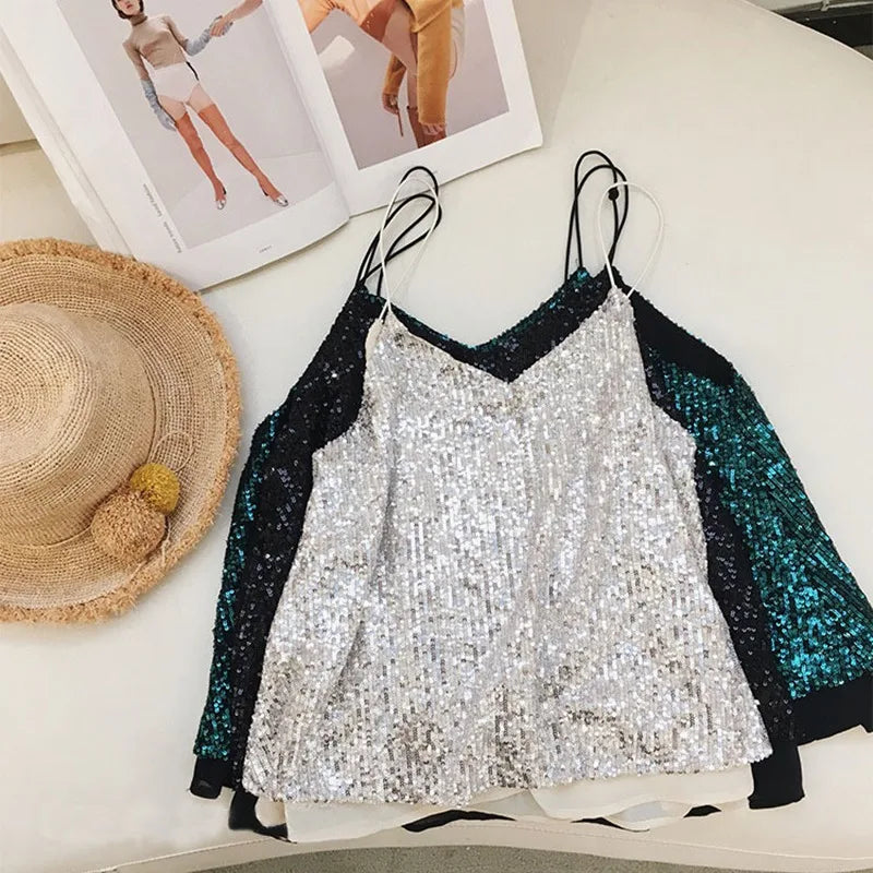 Women's Loose Casual Sequined Camisole Vest V Neck Shiny Sexy Sparkling Basic Top Fashionable Versatile Summer Top