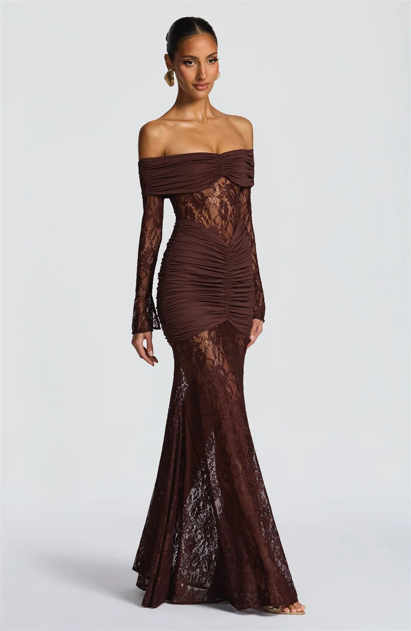 Mozision Off-shoulder Long Sleeve Sexy Maxi Dress Women Fashion Lace See Through Strapless Backless Bodycon Club Party Dresses