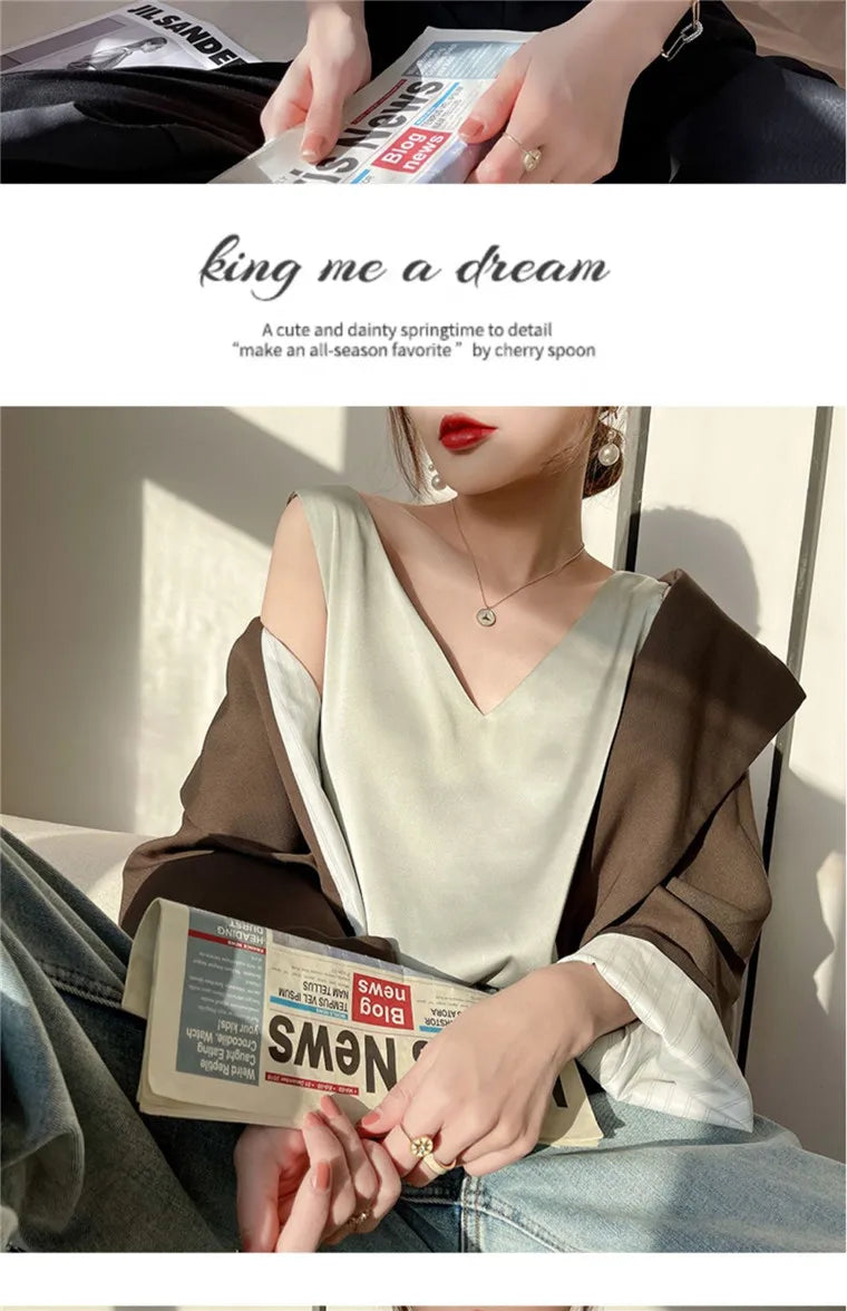 Acetate satin Camisole Women's V-neck Silk Satin vest Top elegant wild Avocado Green white black tank Women Crop Tops