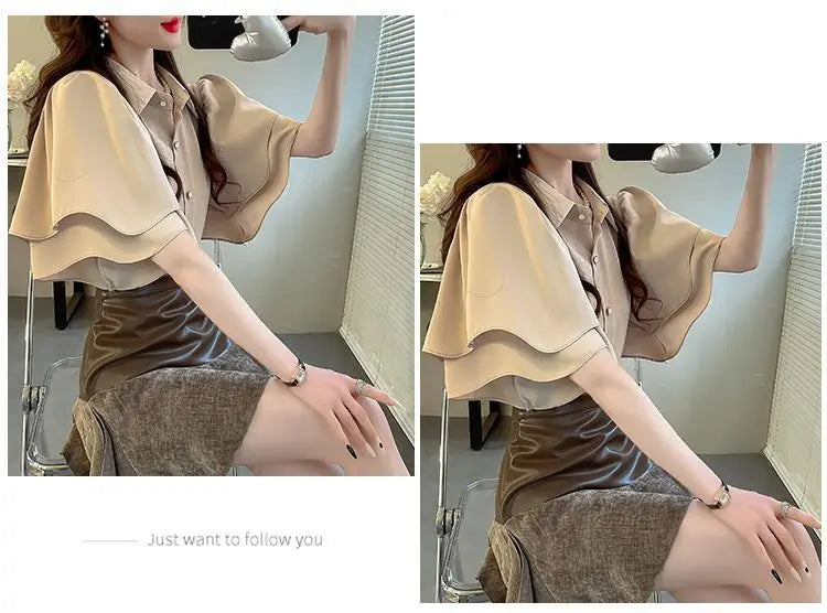 French Lady's Summer Loose Shirt Women's New Loose Blouse Solid Color Ruffle Short Sleeve Chiffon Top