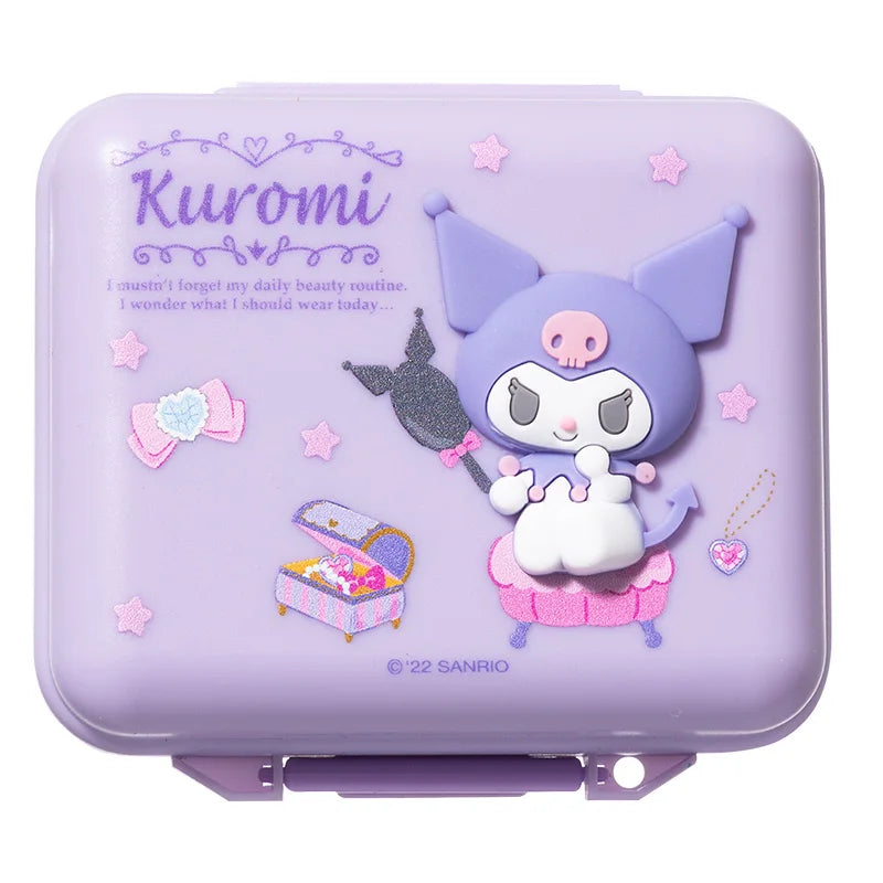 Cute Kuromi My Melody 7 Compartment Pill Case Daily Medicine Organizer with Removable Stickers Travel Portable Moisture Proof