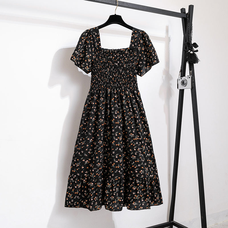 Summer Autumn Fashion Female Short Sleeve Elastic Waist Printed Floral A-line Midi Dress Women Chiffon Dresses Casual Dress