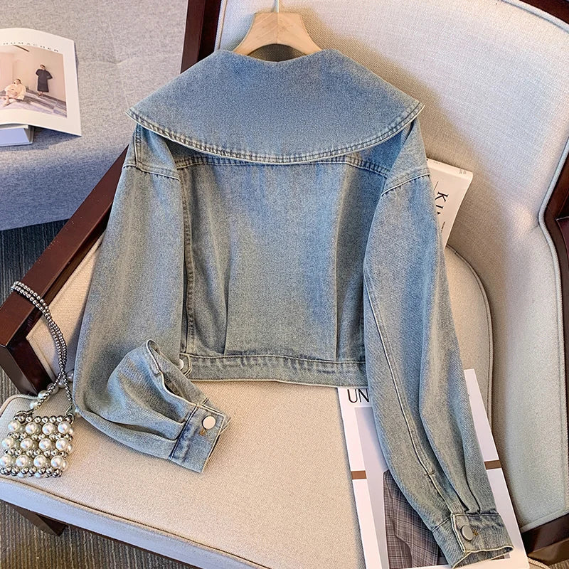 Women Turndown Collar Denim Jacket Casual High Waist Long Sleeved Button Up Short Jacket Fall Vintage Coat Streetwear Outerwear