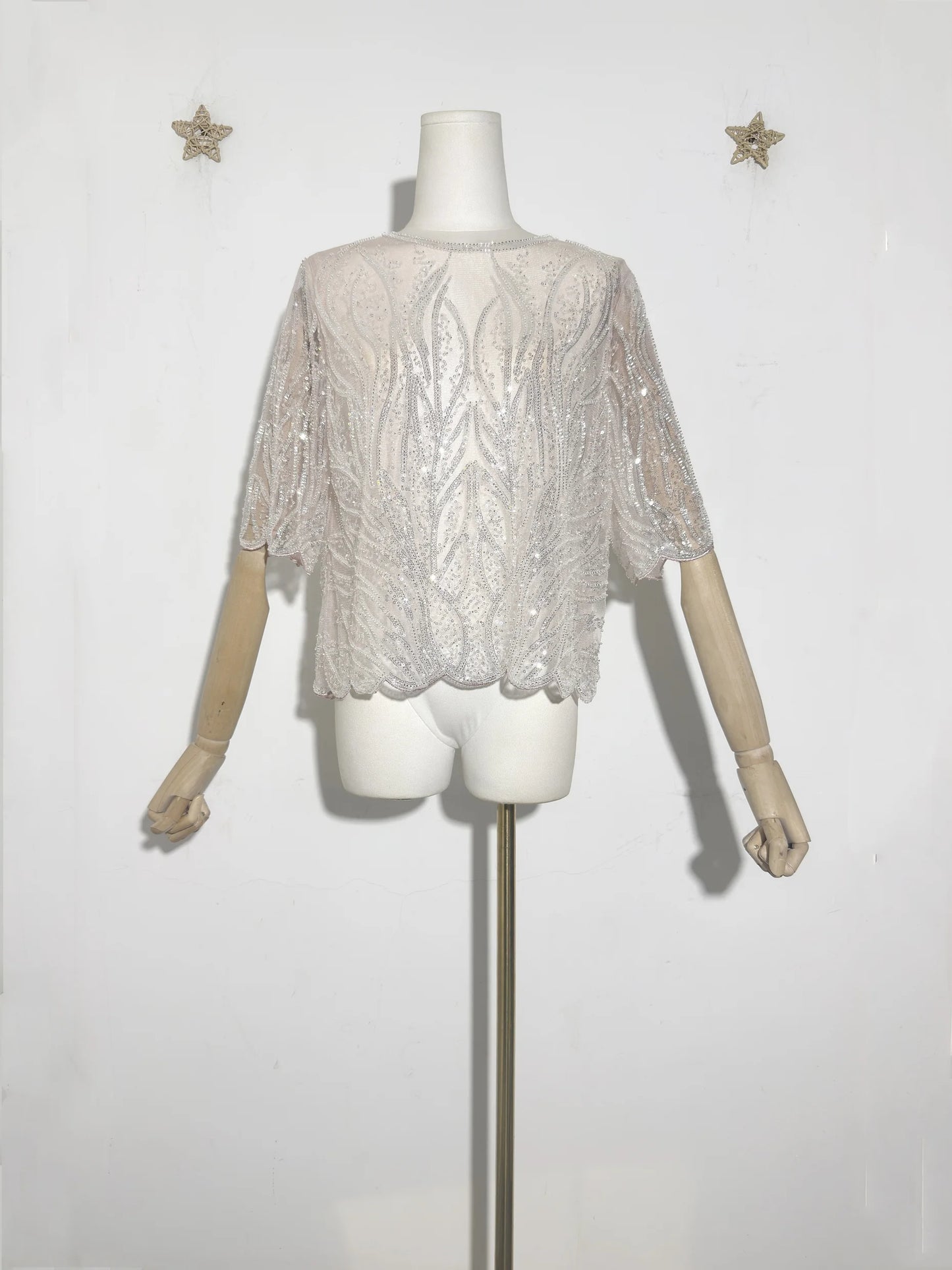 Gorgeous Sequin Beaded Women New Exquisite Sequin Heavry Embroidered Mesh O-Neck Halft Sleeves Blouse Mesh Top Pullover Shirt