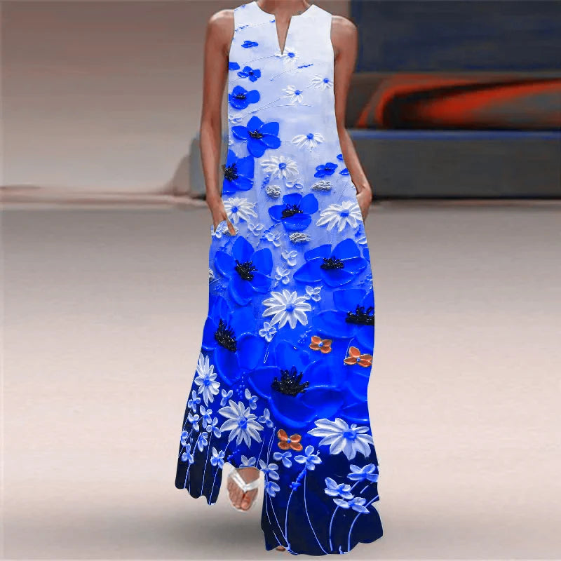 New Floral Pattern Women Long Dresses Summer Sleeveless 3d Flower Printed Street Ladies Maxi Dress 3XL Plus Size Casual Dress
