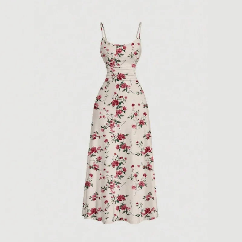Women Summer Casual Sweet Floral Print Halter Dress High Waist Pleated Slim Fit A-line Dress Casual Vacation Dress