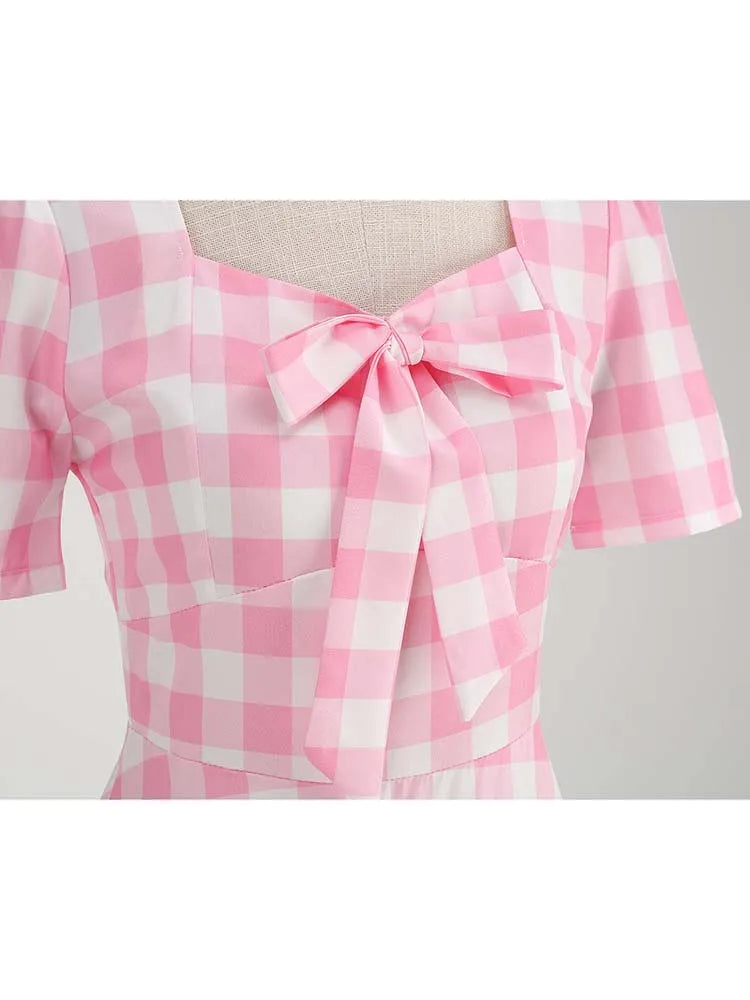 Green Plaid Swing Party Dresses Women Elegant Vintage Square Collar Short Sleeve Casual Summer Dress