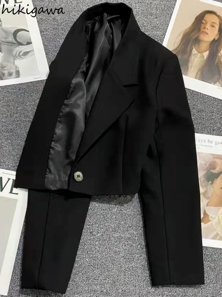 エレガントなブラックブレザー、ファッションクロップトップ、2025年ジャケット、レディース服、カジュアルブレザー、女性用ベスト、ゆったりとした長袖コート
