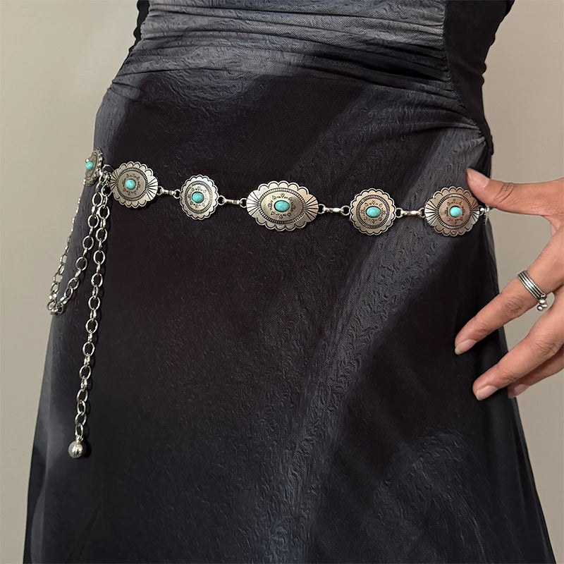 Fashion Silver Bohemian female circular waist chain luxury blue gemstone Ellipse chain belts for women suitable for Skirts dress
