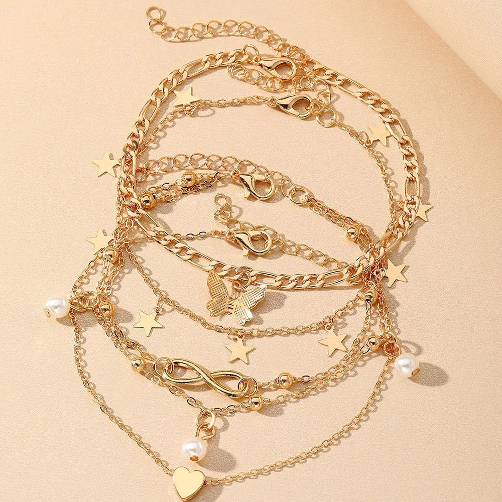 Bohemia Butterfly Anklet Set For Women Star Heart Pearl Charm Ankle Bracelet Female Summer Vacation Beach Jewelry Accessories