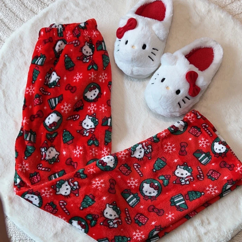 2024 New Sanrio Hello Kitty Kuromi Flannel Pajamas Warm Pants Female Winter Fleece Casual Homewear Pants Leisure Wear Girl Gift