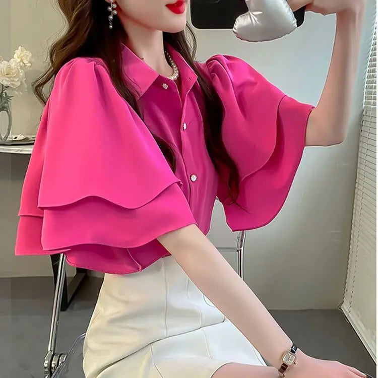 French Lady's Summer Loose Shirt Women's New Loose Blouse Solid Color Ruffle Short Sleeve Chiffon Top