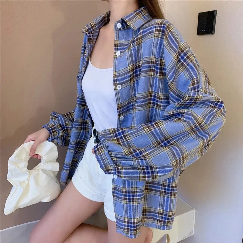 Women Tartan Shirt Long Sleeve Collared Button Up Oversized Plaid Shirt Jacket Grunge Fashion Teenage Girl Spring Summer Outfit