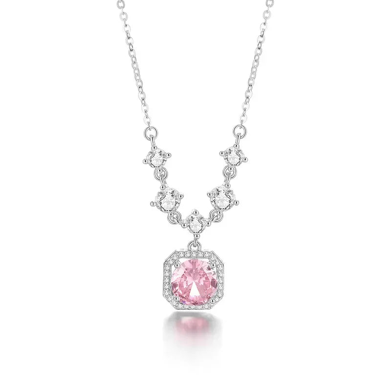 Luxurious Square Pink Zircon Pendant Necklace For Women Fashionable Personalized Daily Accessory Party Jewelry Birthday Gifts
