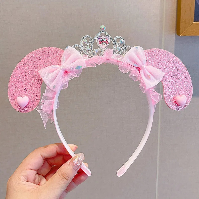 Kawaii Sanrio Kuromi Children Headband Hello Kitty Melody Cinnamoroll Cartoon Bow Shiny Hairband Hair Accessories Christmas Gift