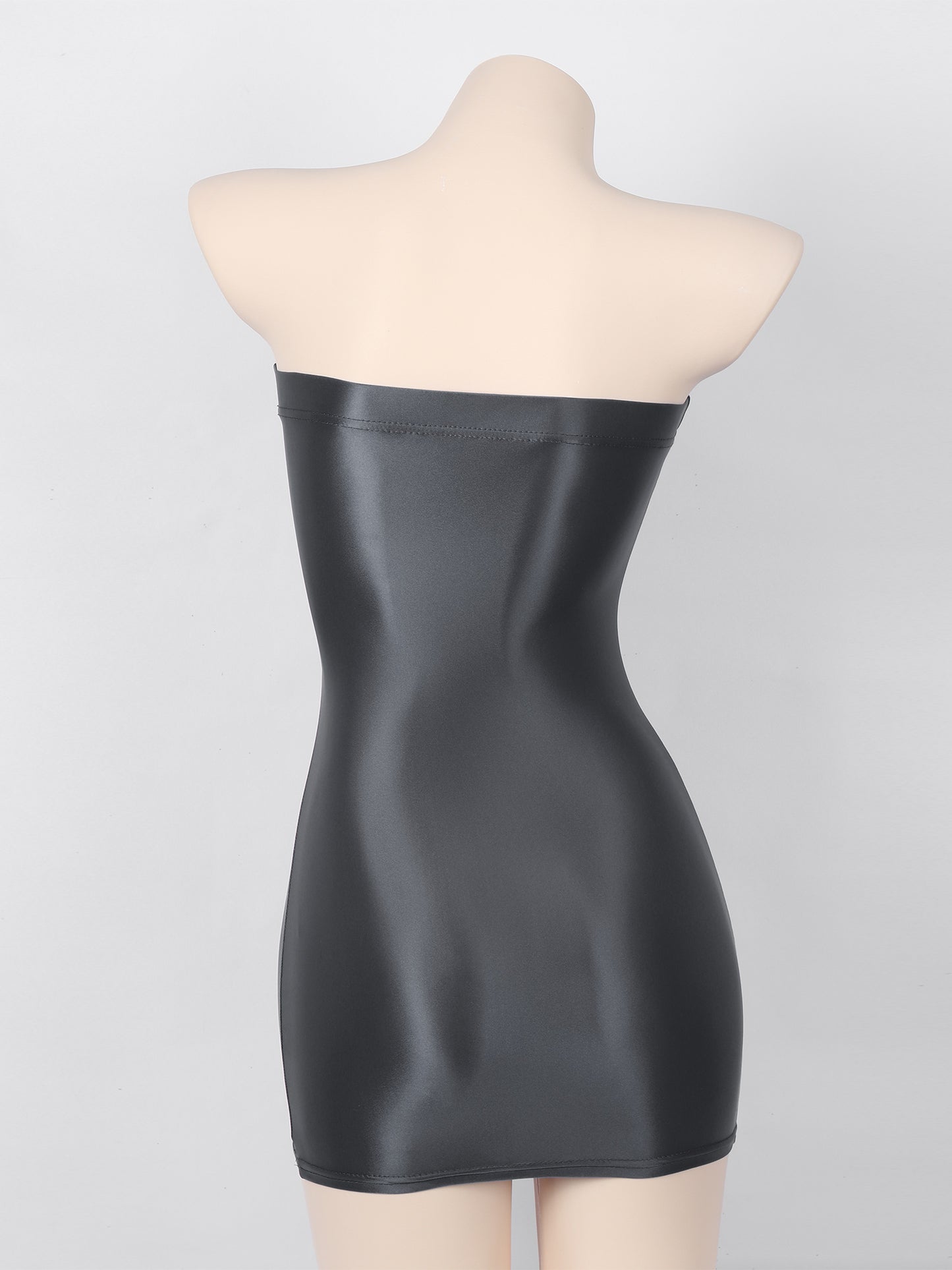 Sexy Women Oil Glossy Sheer Bodycon Dress Females See Through Strapless Pencil Dress Smooth Tight Mini Dress Clubwear
