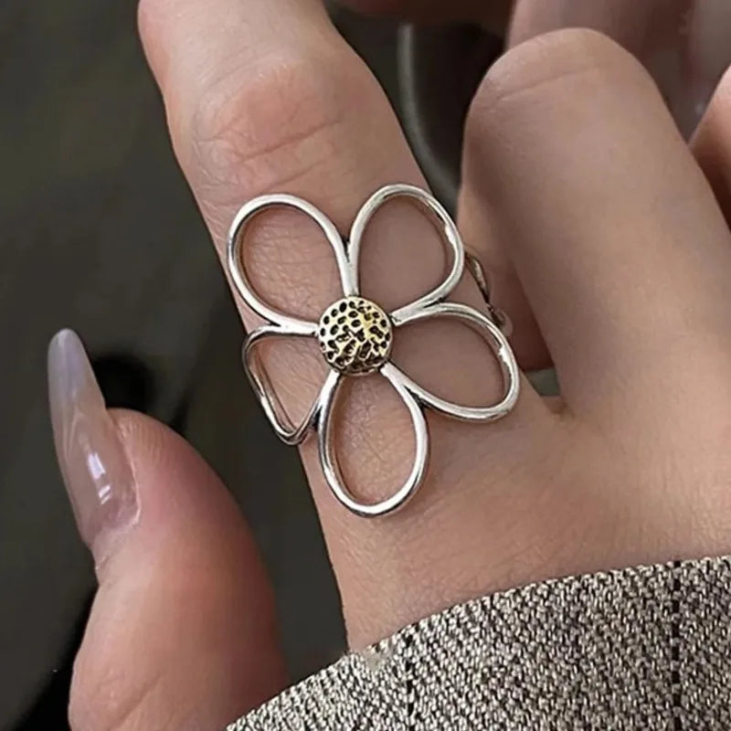 925 Sterling Silver Rings for Women Couple Minimalist Handmade Simple Big Flower Ring Party Prevent Allergy Jewelry Party Gifts