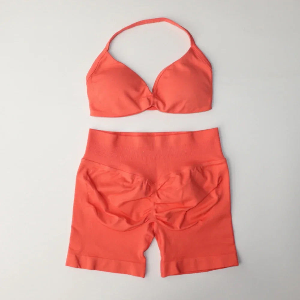 Gym Set Women Two Piece Strappy Yoga Bra Top Workout Scrunch Shorts Suit Fitness Clothes Seamless Sportswear Workout Set