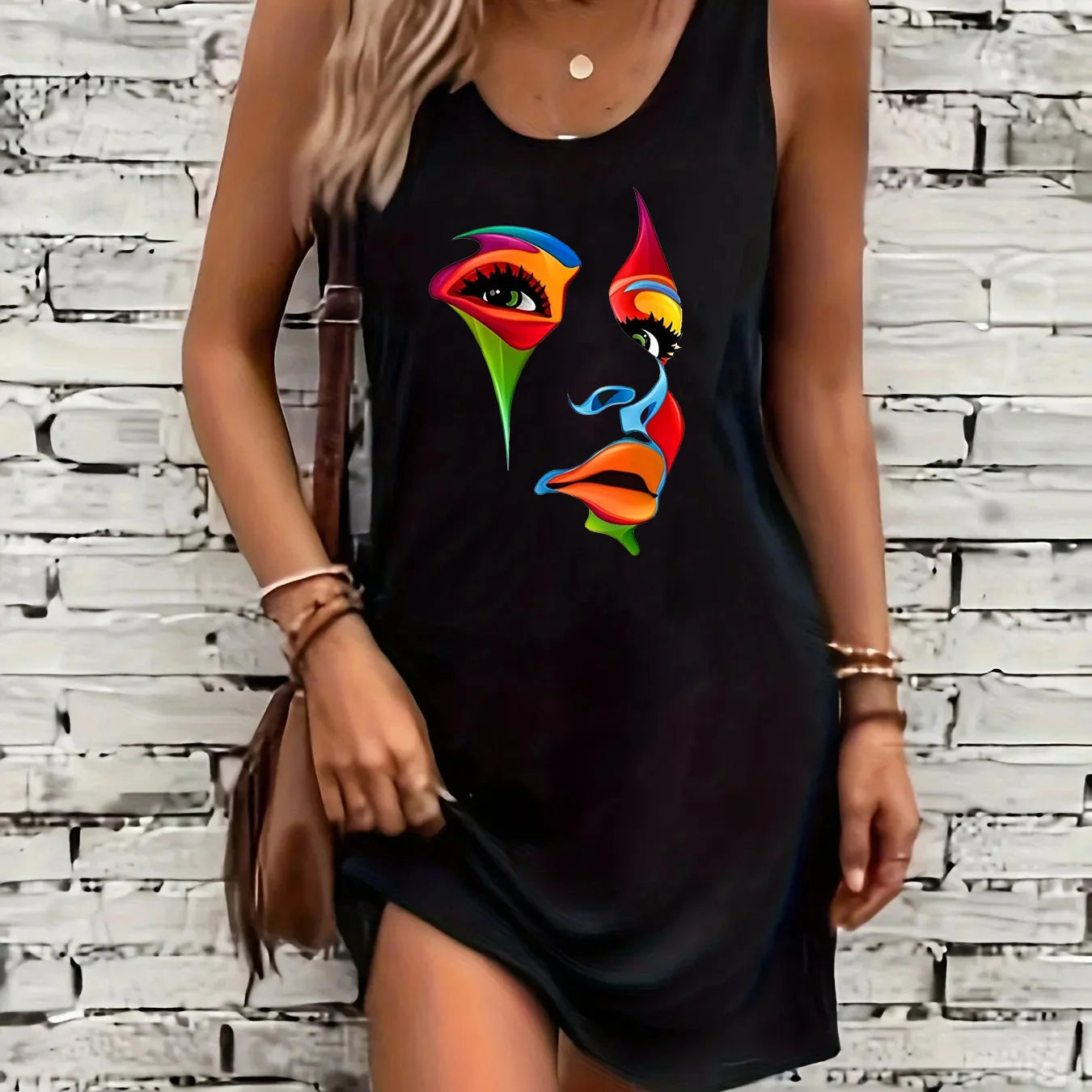 Women's summer loose and comfortable casual color portrait pattern print black sleeveless vest skirt punk style dress