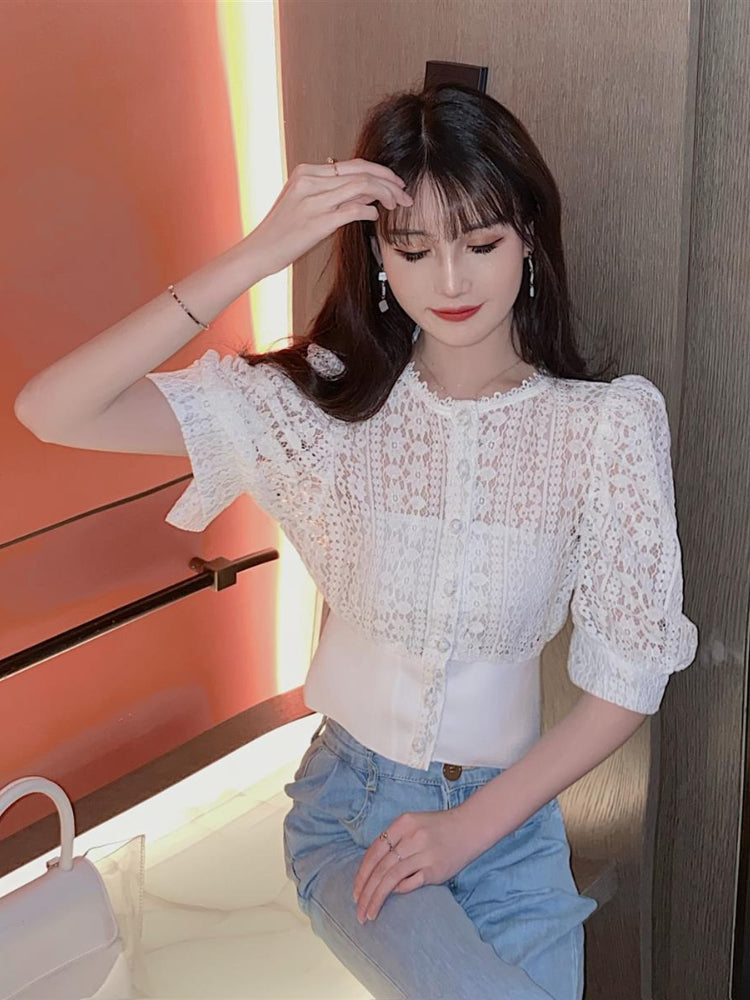 Woherb Sweet Crochet Top Blouse Women Sexy Hollow Out Shirt Vintage Puff Sleeve Korean Shirts Fashion Chic Tops Blusas